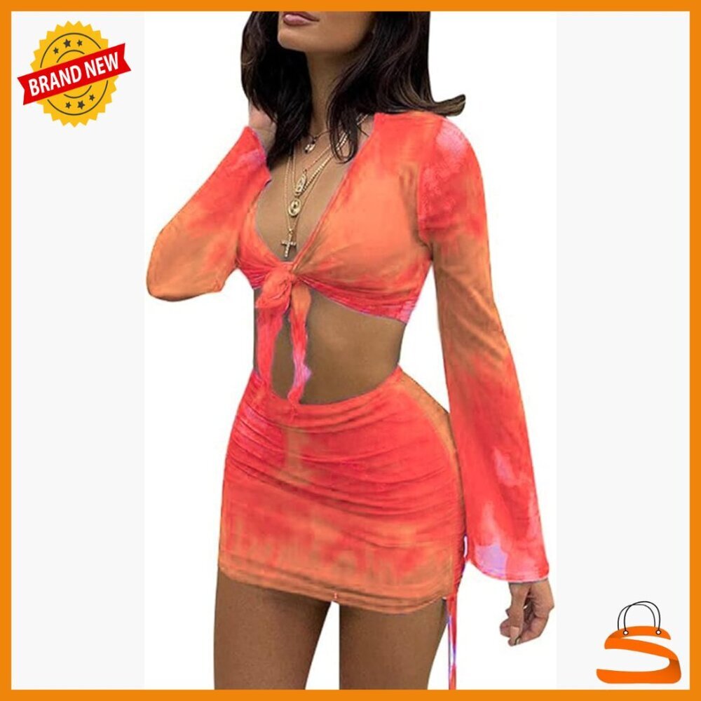 Small Polyester Sheer Mesh 2-Piece Set Long Sleeve Crop Top Mini Skirt - Picture 1 of 7